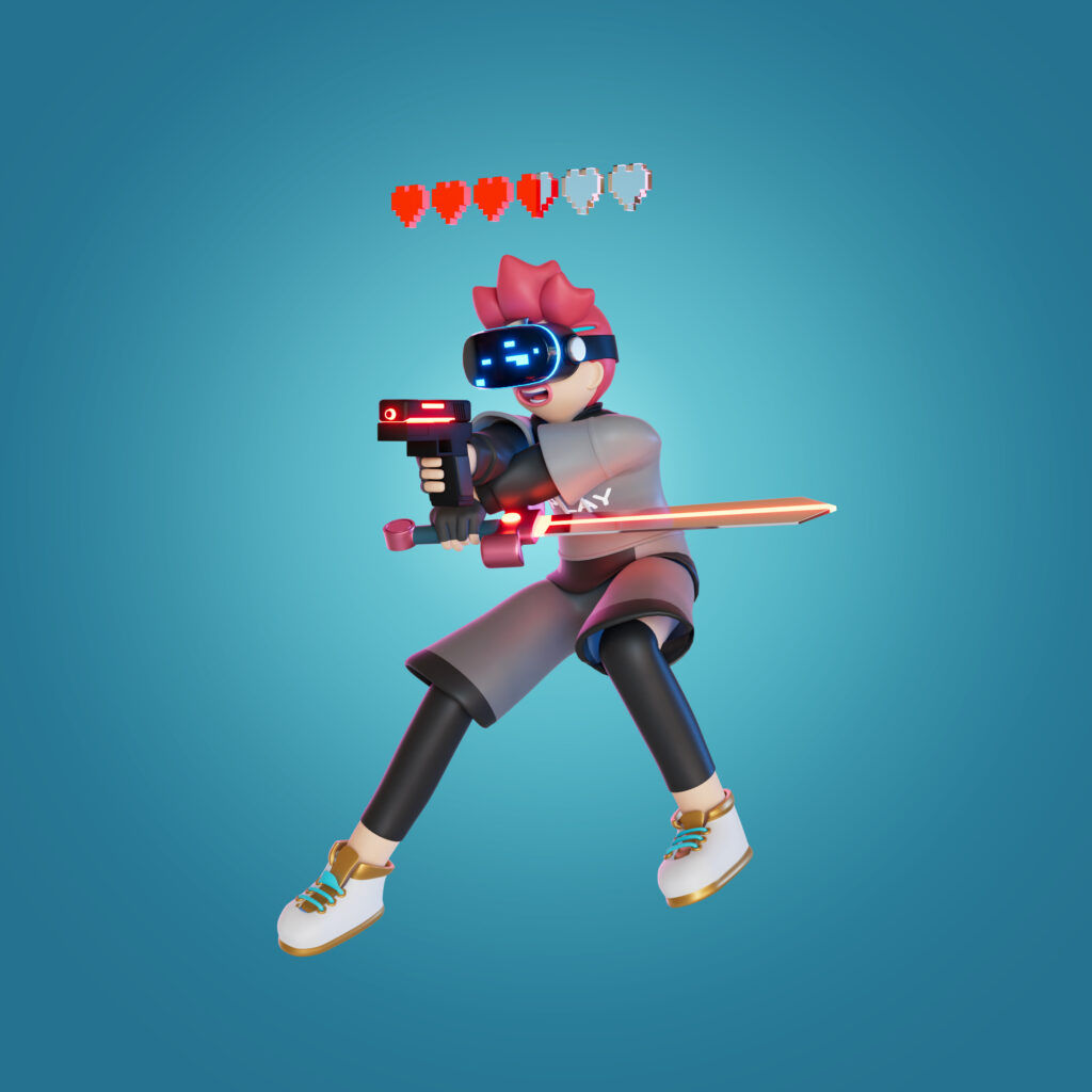 men-jump-use-vr-holding-swords-guns-play-game-earth-metaverse-receive-awards-portrait-3d-render-illustration